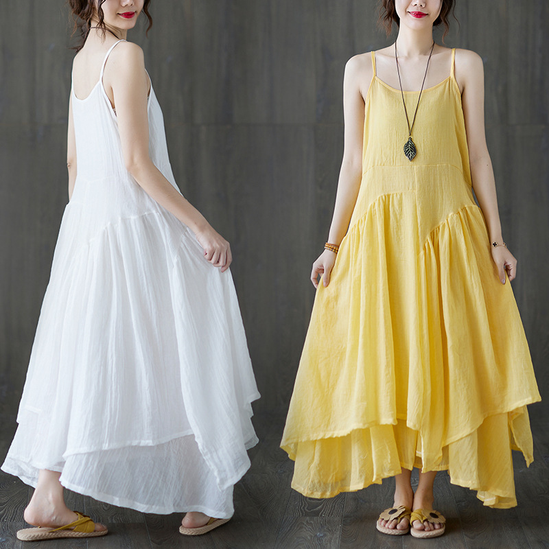 Summer New plus size Women's Irregular Large Swing Artistic Fresh Elegant Long Sling dress