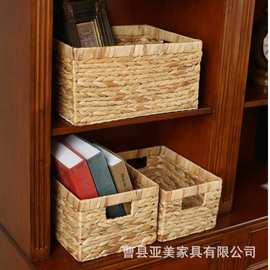 手工编织收纳筐长方形水葫芦草收纳盒儿童玩具绘本整理筐杂物篮