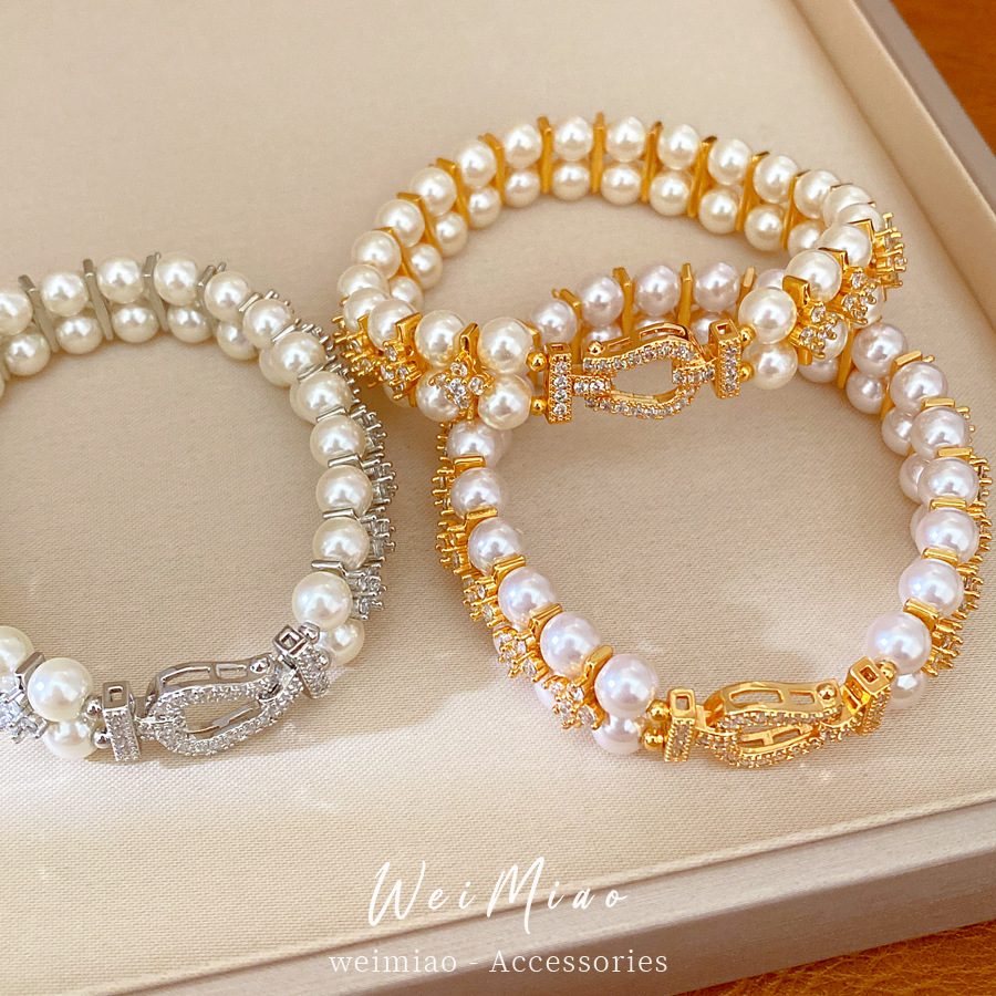 18 quilates de oro real, pulsera de perlas de diamante, pulsera ligera de lujo, pulsera de nicho, joyas de alta calidad para mujeres