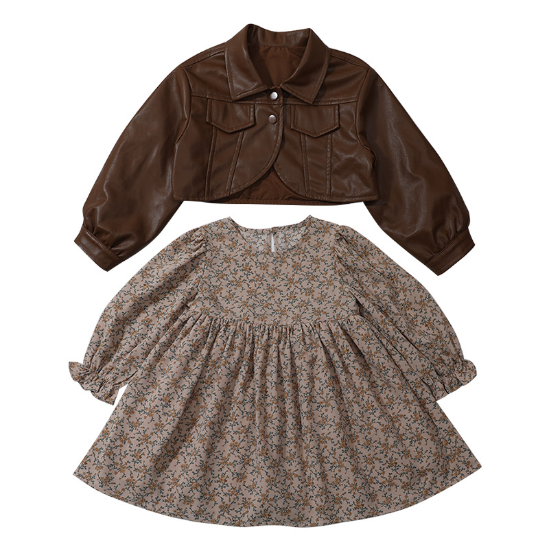 Conjunto de dos piezas para niñas chaqueta de cuero y falda floral – moda primavera-otoño 2025.