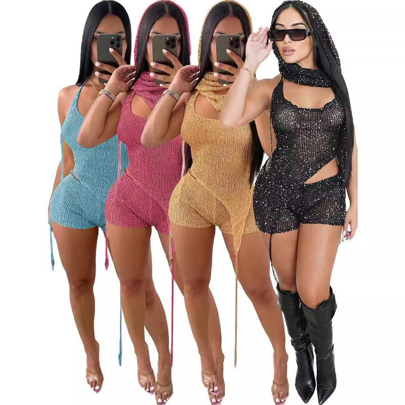XT8187 European and American Foreign Trade Women's Clothing Amazon Sexy Shaping Cross-border Sexy Hollow Sequin Three-piece Set XT8187 European and American Foreign Trade Women's Clothing Amazon Sexy Shaping Cross-border Sexy Hollow Sequin Three-piece Set