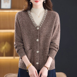 年轻款100%羊毛针织衫秋冬中年女士外套大码宽松羊毛衫开衫妈妈装，女装针织衫/毛衣，妃慕昵服饰