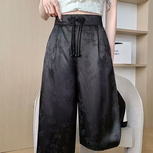 New Chinese style national style buckle satin jacquard wide-leg pants for women's spring and summer new high-waist slimming casual mopping pants