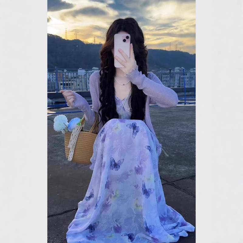 Beautiful Summer Suit, Purple Floral Suspender Dress, Knitted Cardigan, French Beautiful and Unique Two-Piece Set