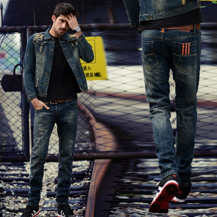 European and American Trendy Jeans Men's Ripped American Style Retro Slim-fit Small Straight Breasted Fashionable Youth Three-color Denim