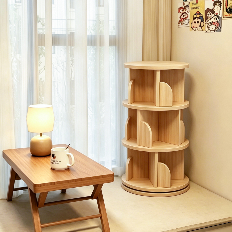 Rotating bookshelf from natural wood, round storage system, bookcase