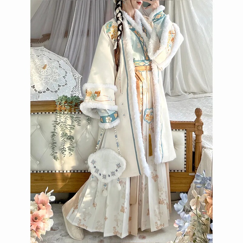 Autumn and Winter fleece-lined Hanfu women's song long jacket pleated skirt cross collar aircraft sleeve horse face suit fairy full set ancient costume Autumn and Winter fleece-lined Hanfu women's song long jacket pleated skirt cross collar aircraft sleeve horse face suit fairy full set ancient costume
