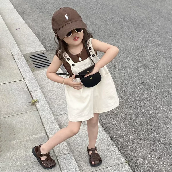 Girls' Denim Suspender Set 2026 Summer New Style Baby Girl Trendy Short-Sleeve Suspender Pants Children's Clothing Dz993