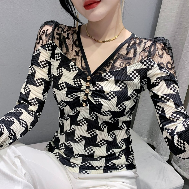 新秋季原创设计拼接性感印花长袖女上衣时尚修身百搭打底T恤小衫