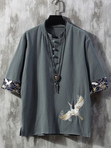 Embroidered linen short-sleeve t-shirt for men, summer thin loose fashion brand large size Tang suit Chinese style cotton linen button-down shirt