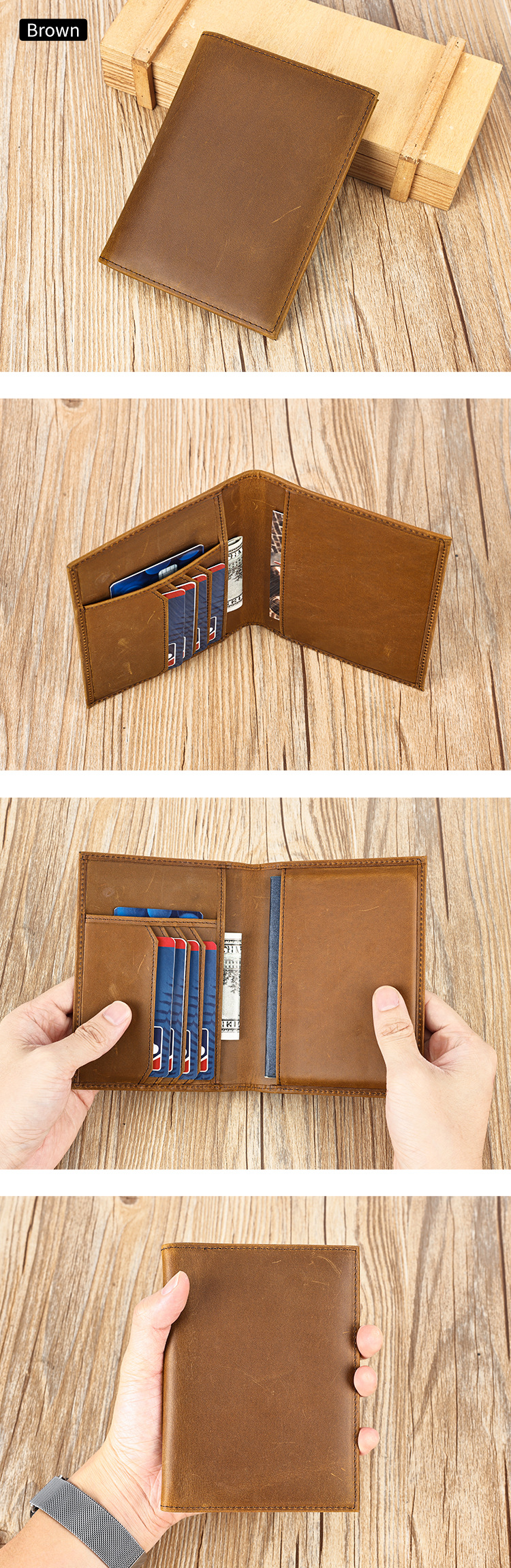 Ví hộ chiếu da cổ điển dạng dọc, nhiều ngăn thẻ chống trộm RFID — Cà phê dầu, Cà phê, Cà phê đậm, nâu chi tiết 6