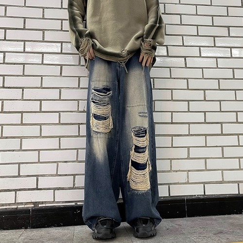Vintage American-style ripped jeans for men and women, washed and distressed, loose wide-leg straight-leg floor-length streetwear brand pants