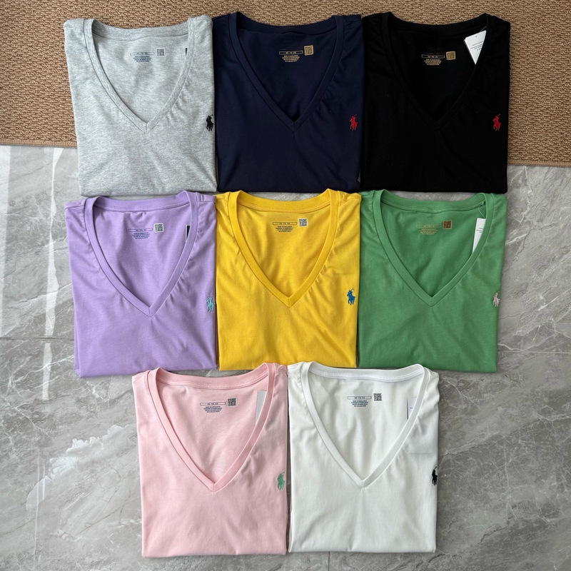 Cross-border high-quality Ralph Lauren short-sleeve V-neck T-shirt with pony embroidery, classic slim-fit women's style, same as Zhao Lusi's