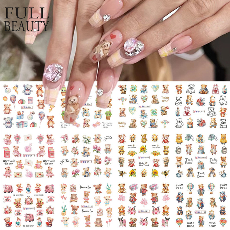 国境を越えた新しいネイルアート透かしシールバレンタインデーinsかわいいアニメ熊オウム爪シールnail|undefined