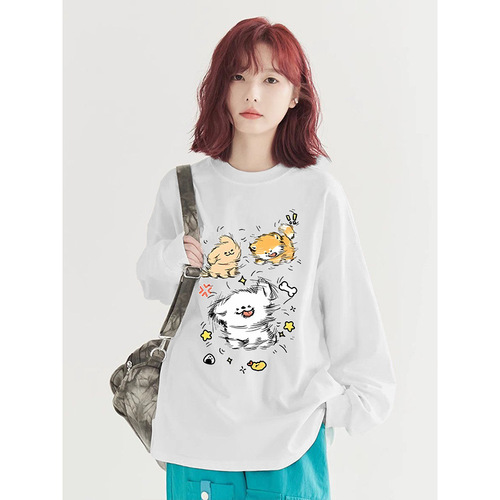 American-style anime white T-shirt for women, spring and autumn loose niche long-sleeved top, pure cotton inner layer base shirt, Instagram style