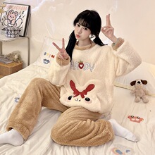 7802X#冬季新款睡衣女加厚长毛绒卡通圆领休闲家居服套装 260克