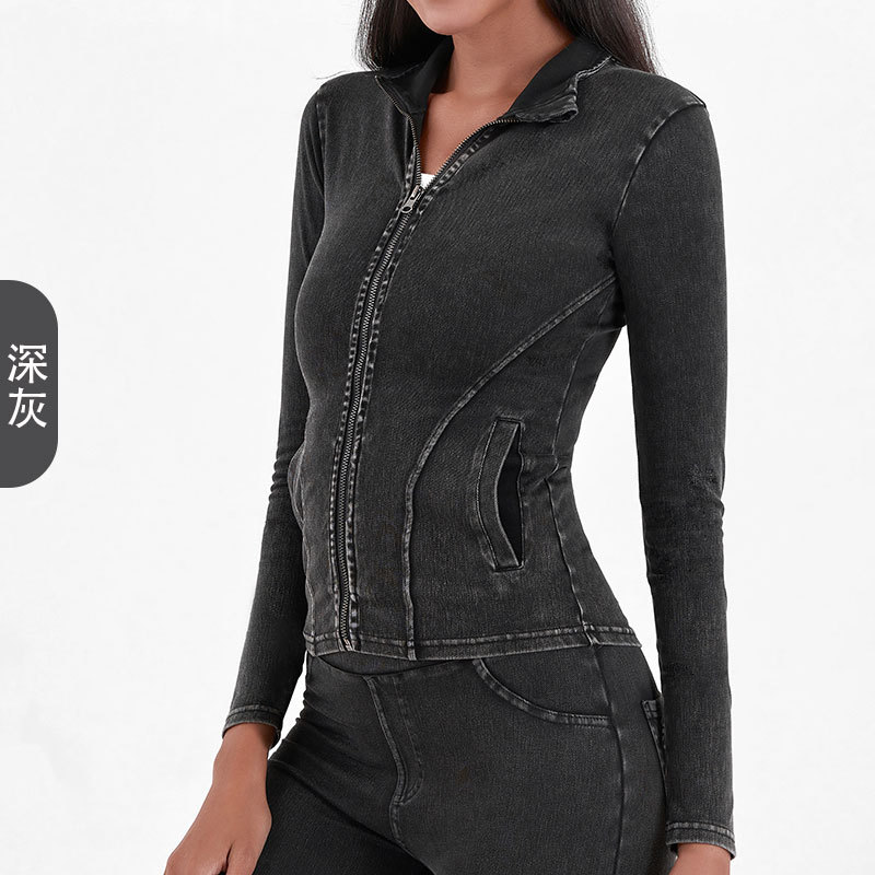 Cross-border nuevo punto Denim cremallera chaqueta de yoga mujeres adelgazamiento apretado de cuello alto doble bolsillo fitness ropa de abrigo superior