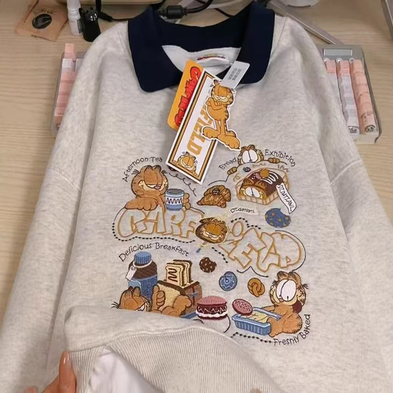Fleece-Lined and Thickened Garfield Heavy Embroidery Turn-Down Collar Mid-Length Long-Sleeve Sweatshirt for Women, Pullover Korean Style Trendy Sweatshirt