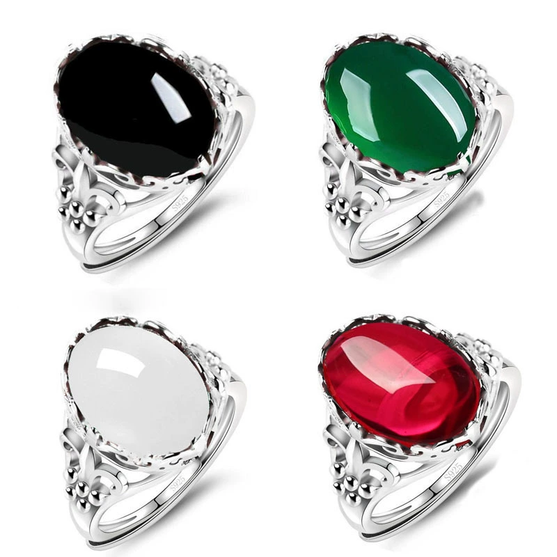 Agate stone inlay, retro ring with crystal emerald, with gem, on index finger