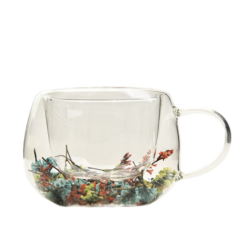 Taza de doble capa de alto borosilicato Taza de flor inmortal Taza de café de alto valor facial Taza de desayuno Taza de leche Taza de ceremonia de té Taza divisora de té