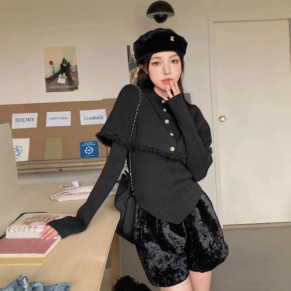 Fashionable knitted sweater with tassels, trench coat, jacket, fitted set