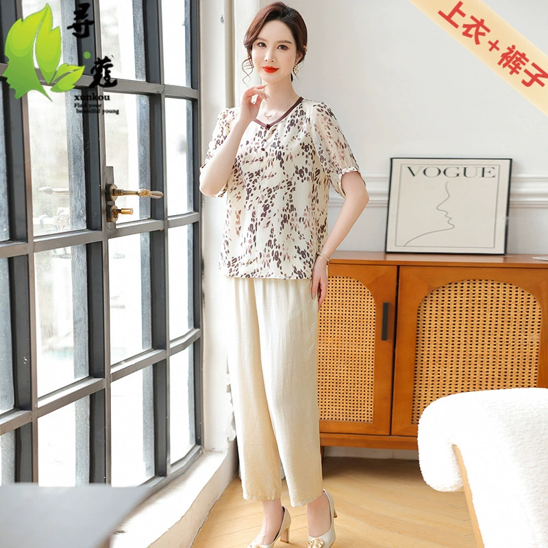 Новая женская одежда среднего и пожилого шифоновый набор женский стиль среднего возраста с принтом среднего возраста тонкая рубашка брюки с короткими рукавами костюм мамы