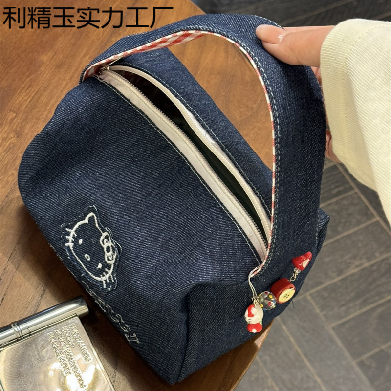 かわいいキティデニムレトロハンドバッグイン高価値大容量ポータブルハンドバッグ女性の化粧品バッグ|undefined