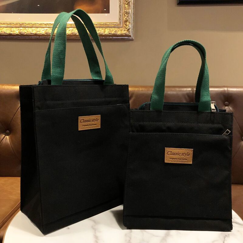 Fashionable Multi-layer Canvas Solid Color Handbag for Men and Women Students Casual Mummy Bag for Work Simple Water Cup Storage Bag