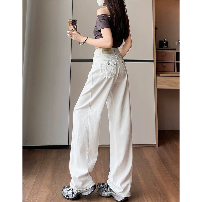 Off-White Straight Wide-Leg Jeans for Women, Spring/Summer Thin Style 2026, High-Waisted Embroidered Loose Fit, Height-Enhancing, Drapey Long Pants Off-White Straight Wide-Leg Jeans for Women, Spring/Summer Thin Style 2026, High-Waisted Embroidered Loose Fit, Height-Enhancing, Drapey Long Pants