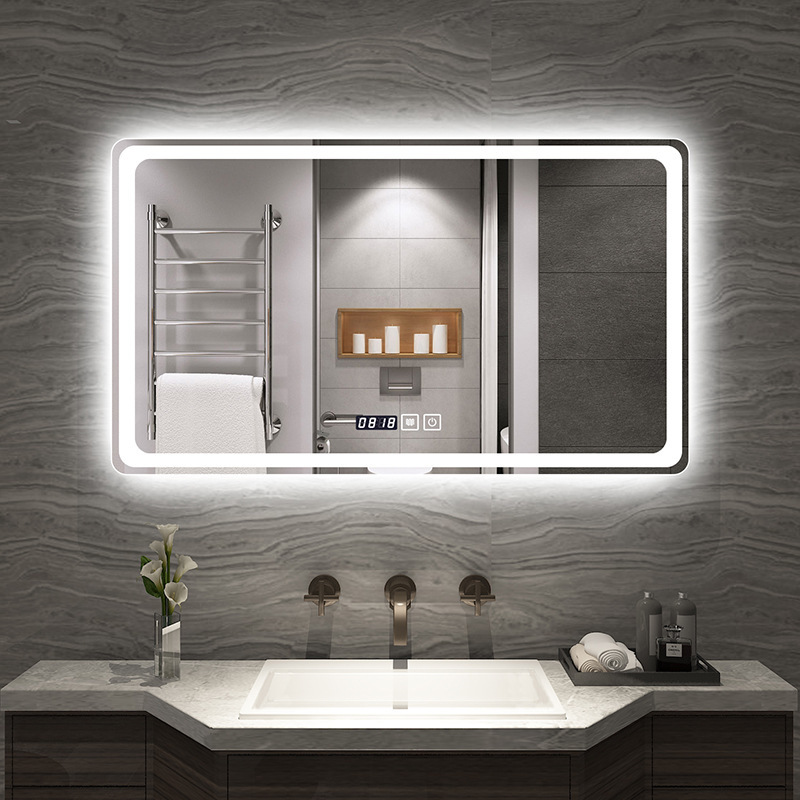 Espejo inteligente de pantalla táctil de baño tipo pared con lámpara de inodoro maquillaje led espejo de pared desfogado image 15