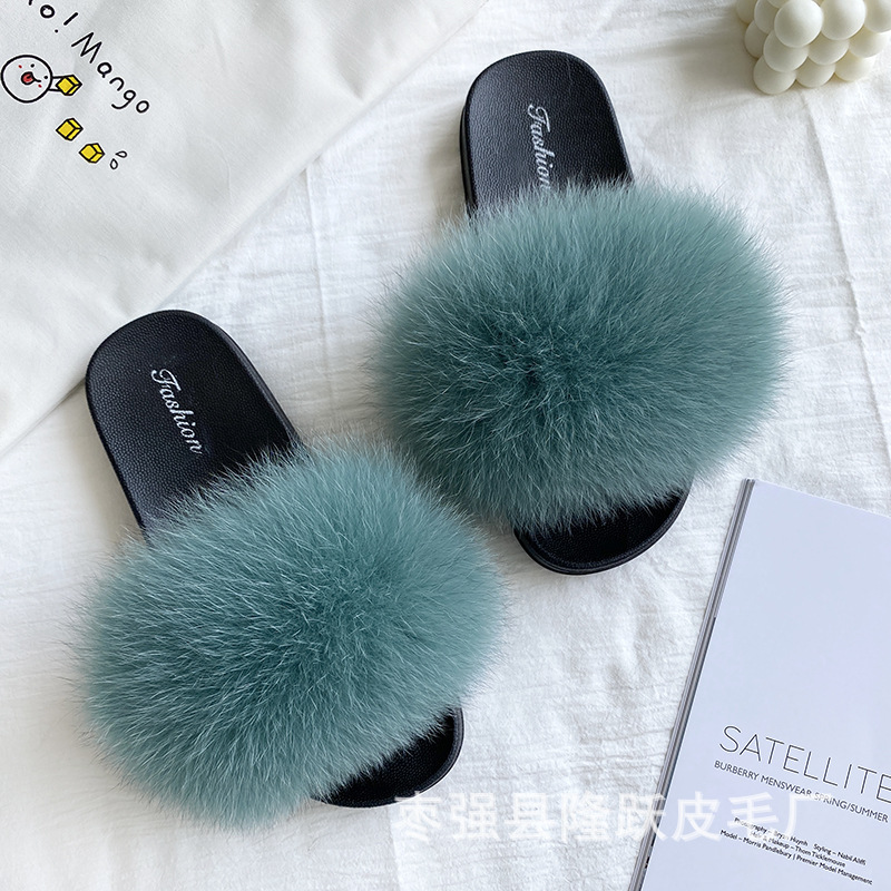 Amazon transfronterizo zapatillas de pelo de zorro real zapatillas de pelo de fondo plano zapatillas de pelo de mujer zapatillas de pelo de verano nuevas exportaciones
