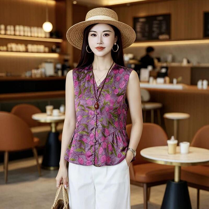 Summer New Style New Chinese Style Women's Sleeveless Blouse Retro Designer Light Luxury Rayon Xiangyun Silk Top Summer New Style New Chinese Style Women's Sleeveless Blouse Retro Designer Light Luxury Rayon Xiangyun Silk Top