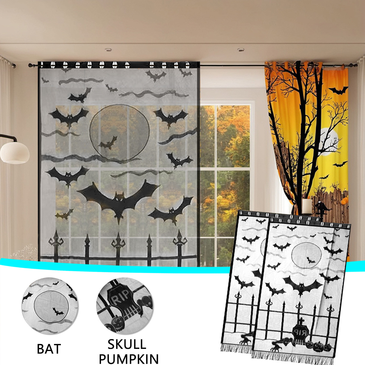 Nuevo estilo europeo y americano cortina de encaje de Halloween Amazon cortina decoración festiva TEMU en stock