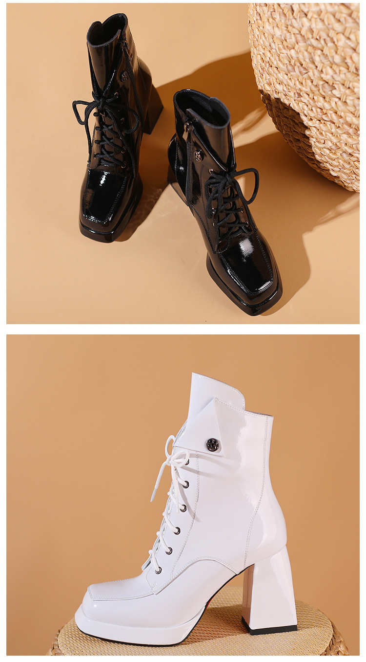 Boot nữ cổ thấp dây buộc khóa kéo gót vuông 9 cm da bóng — Lót nhung đen chi tiết 12