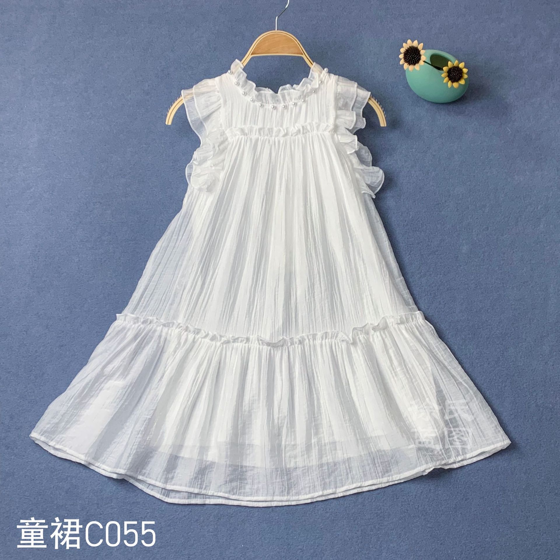 Tie-Dye White Summer Girls' Dress, Stylish Little Flying Sleeves Children's Clothing, Loose Double-Layered White Dress