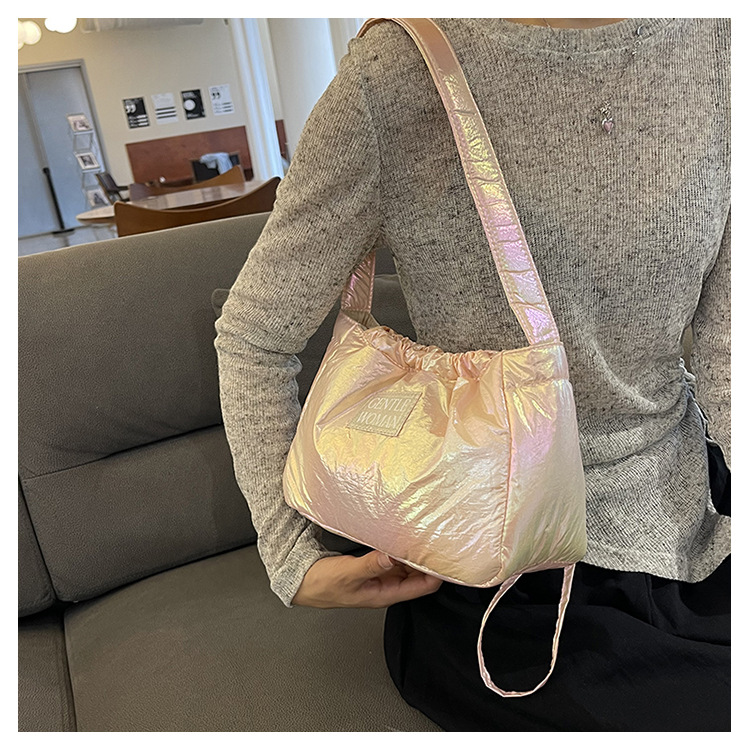 Candy colored new letter printed drawstring shoulder niche design dumpling women's armpit bag_voghion.com