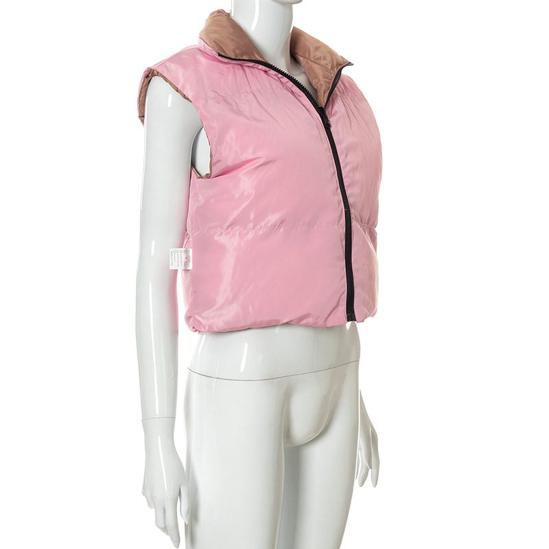 Women  Clothing 2021 Autumn and Winter New Contrast Color Reverse Sleeveless Vest Casual Bread Cotton-Padded Coats in Cotton-padded Coats