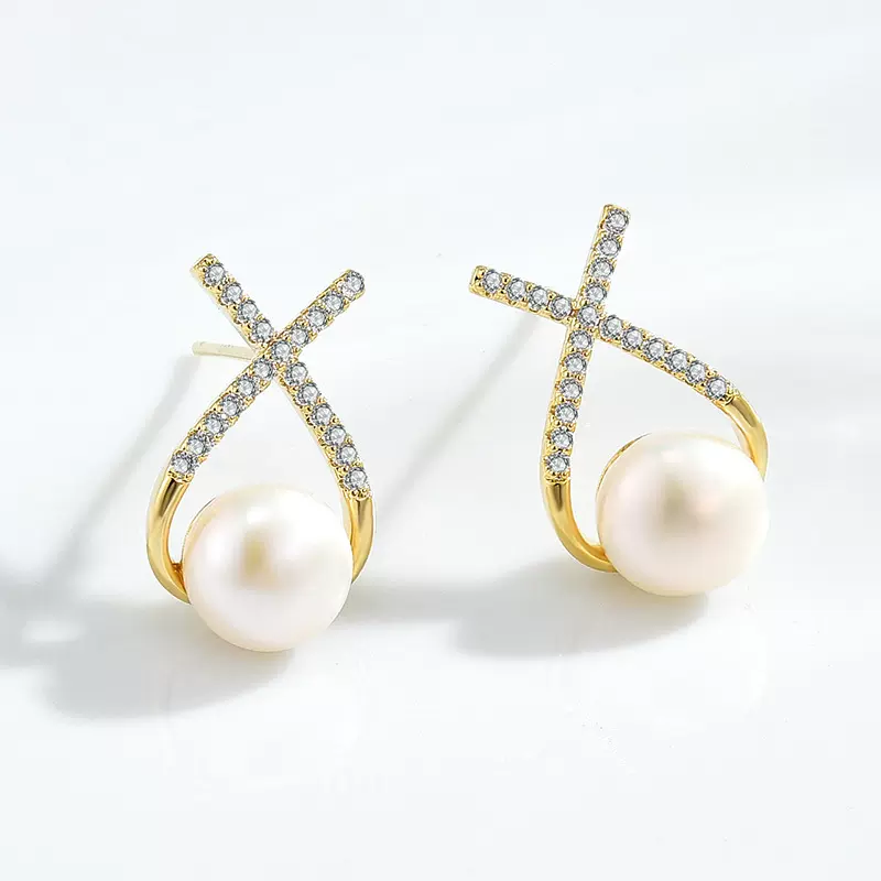 S925银针X字母淡水珍珠耳钉女轻奢高级感复古大气气质法式网红耳