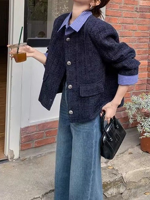 韩系格纹拼接假两件小香风外套女春秋季新款时髦洋气短款设计上衣|undefined