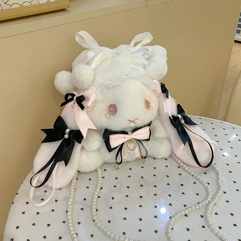 리본 장식 백팩 블랙 & 핑크 (빅사이즈) (높이 25cm, 가로 23cm)