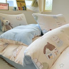 INS卡通小清新牛奶绒保暖四件套简约双面绒被套防静电三件套床单