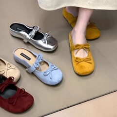 軟皮版 ~ 双蝶結びのスエードの包頭は2025年の夏の新型の復古の厚い底の中で高くなっています。