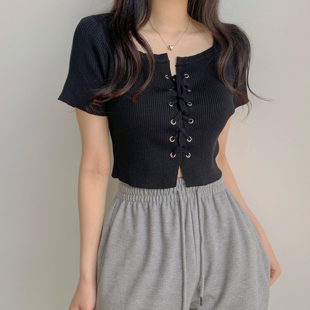 Design Sense Strap T-shirt 2023 Summer Women's New Niche Retro High Waist Short Short Sleeve Lace-up Knitted Top