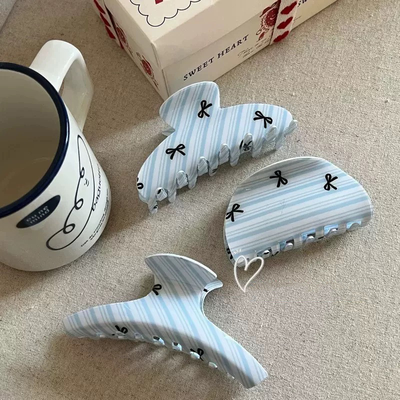 Milk Blue Bow~Korean-Style Ins Fresh and Simple College-Style Striped Hair Clip for the Back of the Head, Hairpin, Shark Clip Hair Accessory