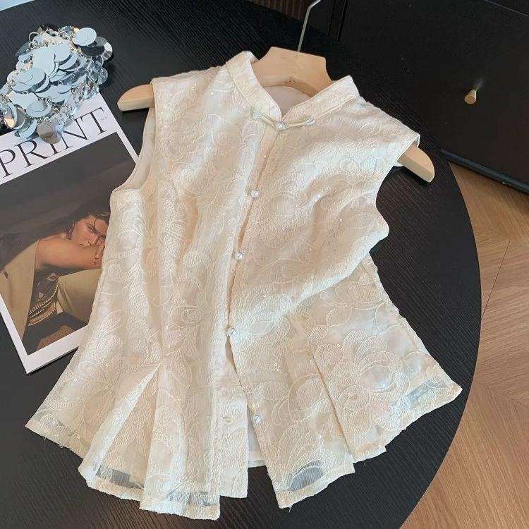 高级感百搭上衣新中式刺绣无袖衬衣女夏季夏款显瘦小个子时髦气质|undefined