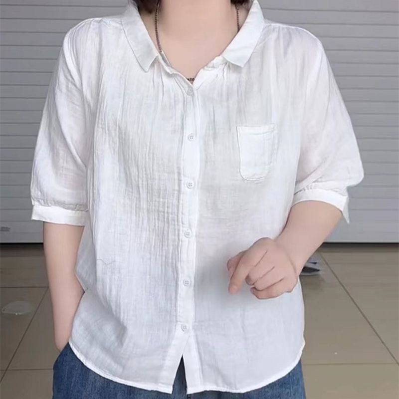 短袖纯色单排多扣显瘦棉麻衬衫设计感薄款衬衣上衣时尚百搭潮|undefined
