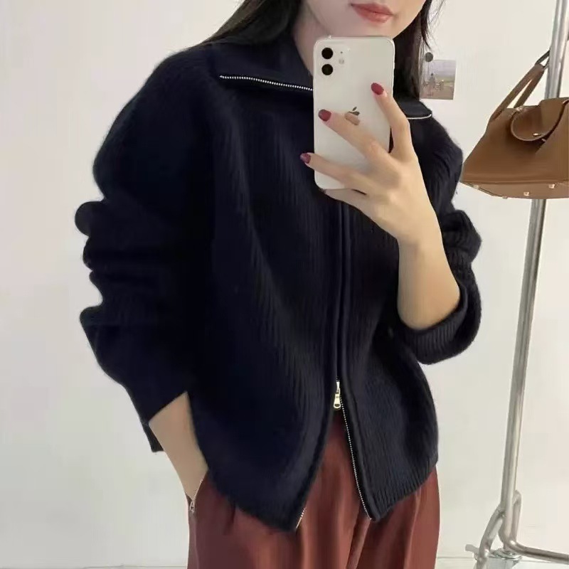 双拉链毛衣外套秋冬新款韩系女上衣慵懒风宽松设计感针织开衫气质|undefined