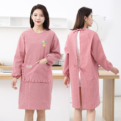 家居棉布圍裙加長罩衣防污家居長袖圍裙成人罩衣純彩棉廚房家用