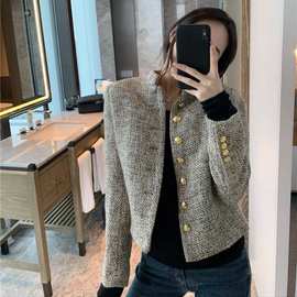 法式轻奢米花线编织上衣立领夹克女金扣小香风羊毛粗花呢短外套