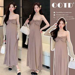 Maternity Wear 2025 Summer New French Tube Top Dress Sexy Hot Mom High-End Party Dress Long Skirt